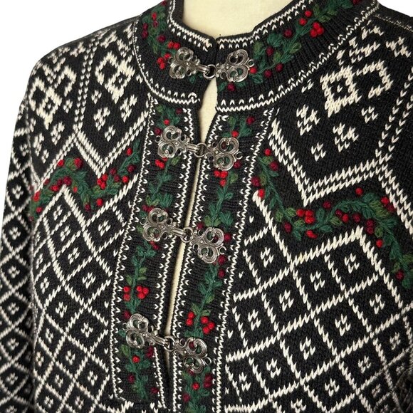 Vintage 90s Talbots Fair Isle Nordic Sweater Black White Small - Picture 2 of 12